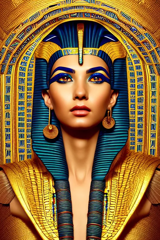 Image similar to Cleopatra portrait, intricate art deco leaf designs, elegant, highly detailed egyptian patterns, hieroglyph, sharp focus, art by Artgerm and beeple