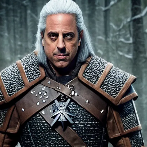 Prompt: jerry seinfeld as geralt the witcher, movie still, 8 k