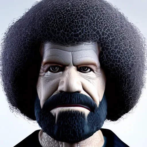 Prompt: Mugshot of Bob Ross with a sinister look on his face, ultra realistic, realistic, highly detailed, epic, HD quality, 8k resolution, body and headshot, film still, front facing, front view, headshot and bodyshot, detailed face, very detailed face