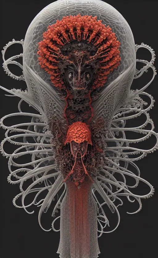 Image similar to gothic goddess intricate mask, eagle coral, jelly fish, mandelbulb 3 d, fractal flame, octane render, cyborg, biomechanical, futuristic, by ernst haeckel