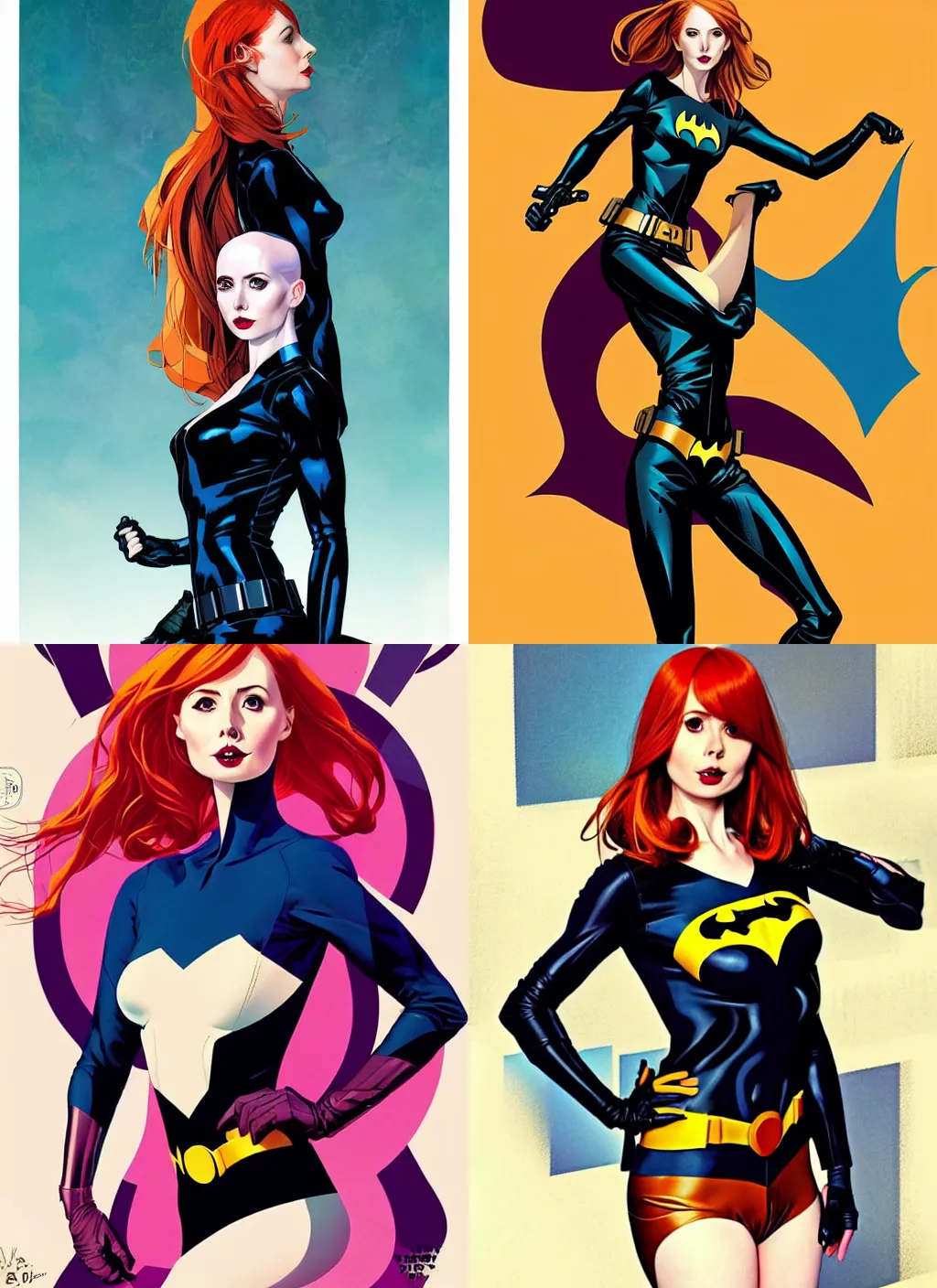 Image similar to in the style of Joshua Middleton comicbook cover art, Karen Gillan Batgirl, fun pose Symmetrical body, smile