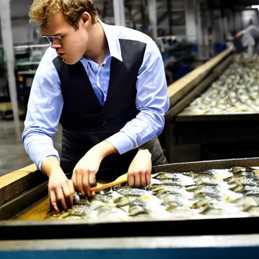 Image similar to Magnus Carlsen gutting fish at a fish factory floor, conveyor belt