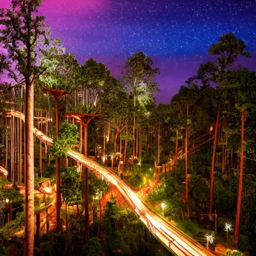 Prompt: professional photo of a tree top town similar to level of donkey kong country, by discovery magazine, night time with dim lights, super tall trees, real life, photorealistic, soft focus, long exposure
