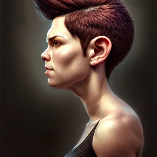 Image similar to portrait of a beautiful cute muscular charming realistic female gnome engineer, undercut black hair pixie cut, d & d, micro detail, intricate, elegant, highly detailed, centered, rule of thirds, artstation, sharp focus, illustration, artgerm, tomasz alen kopera, donato giancola, wlop