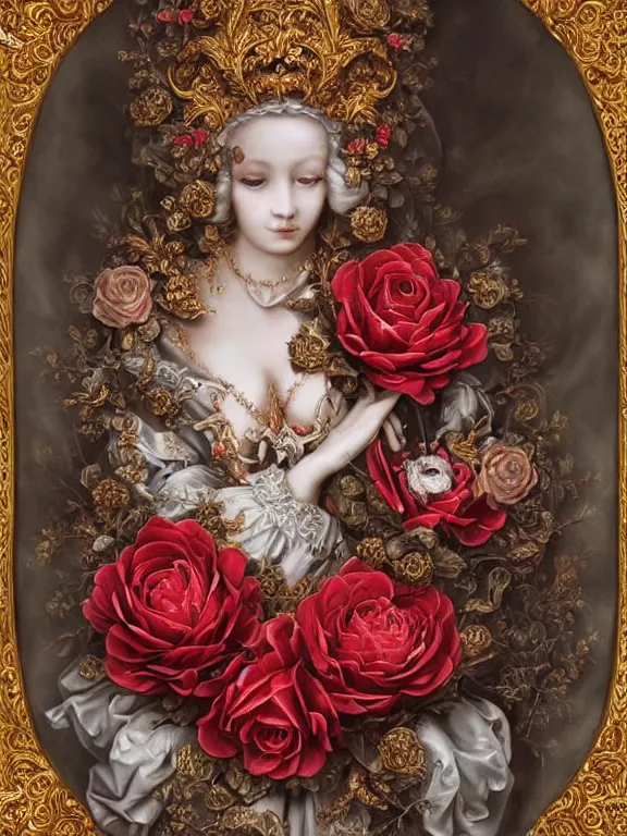 Prompt: a beautiful render of a recatholic rococo roses veiled red queen with baroque symmetry intricate detailed ,heart,pray,love,crystal-embellished,by Daveed Benito,LEdmund Leighton,Virginie Ropars,aaron horkey,Billelis,trending on pinterest,maximalist,glittering,golden ratio,cinematic lighting