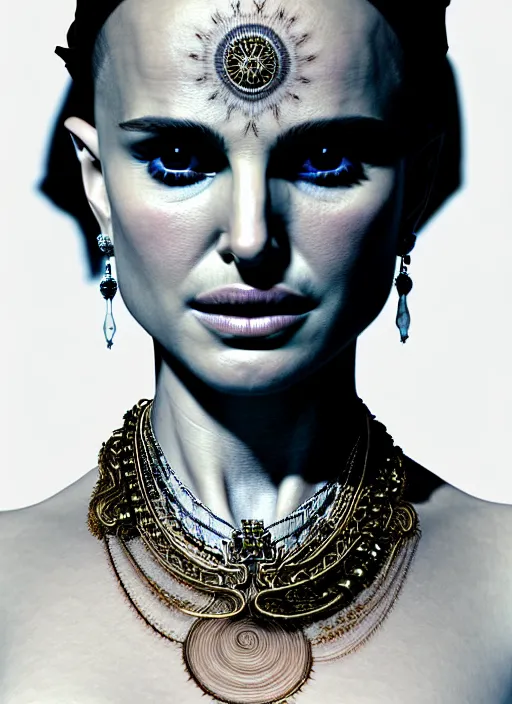 Image similar to portrait photograph of an absurdly beautiful, graceful, sophisticated, fashionable woman, natalie portman, facial tattoos, in the style of irakli nadar and alexandre ferra and popovy sisters, intricate linework, white porcelain skin, faberge, intricate chrome chains, dark atmosphere, unreal engine 5 highly rendered, global illumination, radiant light, detailed and intricate environment