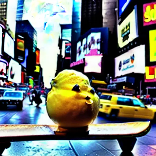 Image similar to a cool lemon riding a skateboard in times square new york