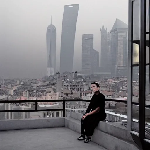 Image similar to a small rooftop with a couple of people sitting and watching the view, wearing black modern clothes, designed by rick owens, messy short hair, modern shanghai bund in smog is on the background, sunset, pale colors, by gregory crewdson