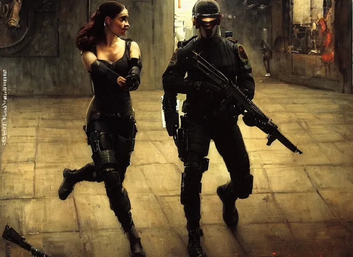 Image similar to sophia evades sgt griggs. Cyberpunk hitwoman escaping Cyberpunk policeman in combat gear. (police state, Cyberpunk 2077, blade runner 2049). Cyberpunk Iranian orientalist portrait by john william waterhouse and Edwin Longsden Long and Theodore Ralli and Nasreddine Dinet, oil on canvas. Cinematic, Dramatic lighting.