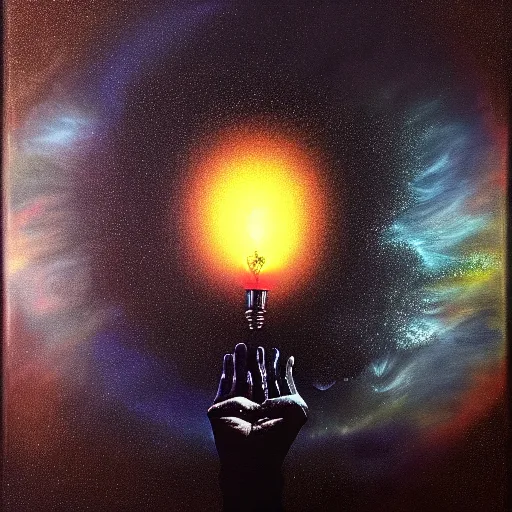 Prompt: peer into the depths of the endless cosmic void, shine a light on your darkest terror. edgar allen poe oil on canvas, photographic hyperrealism