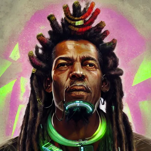 Image similar to portrait of rastafarian ronald reagan with dreadlocks, cyberpunk setting, futuristic, highly detailed, intricate lighting, digital painting, sharp focus, illustration, trending on artstation, art by magali villenueve.