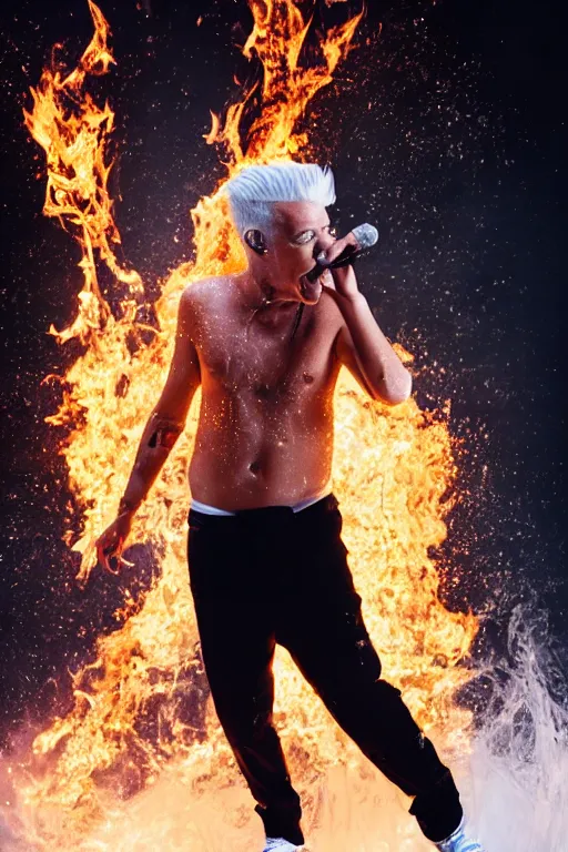 Image similar to scooter rapper baxxter with white hair standing in water shouting in the microphone with explosion and flames in background, full body, white shirt, black pants, reflection in water, volumetric lighting, golden ratio