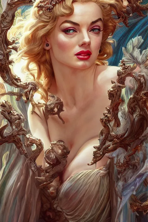 Image similar to ultra realistic illustration, a stunningly beautiful greek goddess of chaos played by marilyn monroe and christina hendricks and margot robbie and taylor swift and megan fox and emma stone and britney spears, intricate, elegant, highly detailed, digital painting, artstation, concept art, smooth, sharp focus, illustration, art by artgerm and greg rutkowski and alphonse mucha