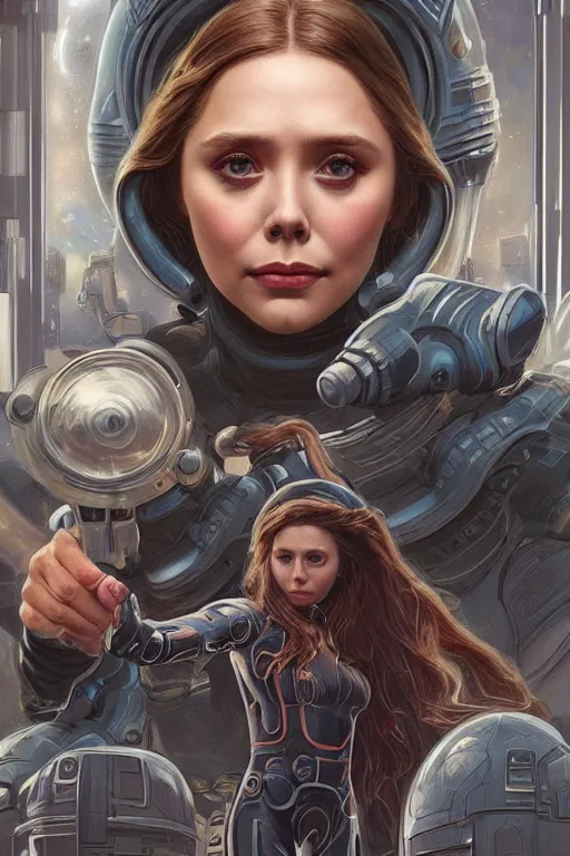 Prompt: young Elizabeth Olsen as a ruggedly beautiful retro SCI-FI space heroine 1985 , intricate, elegant, highly detailed, centered, digital painting, artstation, concept art, smooth, sharp focus, illustration, art by artgerm and donato giancola and Joseph Christian Leyendecker, Ross Tran, WLOP