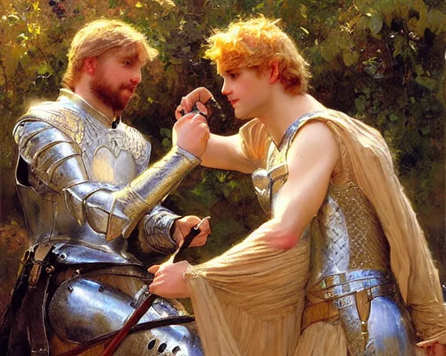 Image similar to arthur pendragon flirting wit his knight. the knight is also flirting back, highly detailed painting by gaston bussiere, craig mullins, j. c. leyendecker