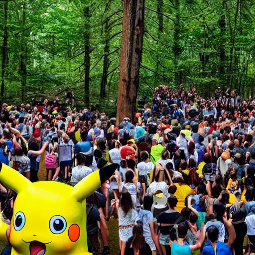 Image similar to photograph of a group of people worshipping a giant pikachu in a forest