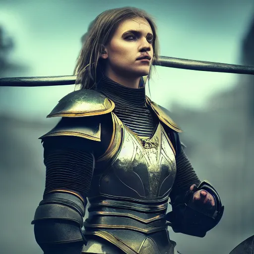 Image similar to pretty female gladiator wearing armor in the arena, shallow depth of field, moody lighting, 8 k, concept art,