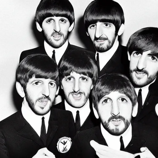 Prompt: Ringo Starr x4, The Ringles, The Beatles but every member is Ringo Starr, 1965 photograph