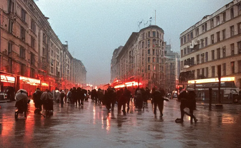 Image similar to 1990s movie still of a yougoslavian street with many pedestrians with stalinist style highrise, Cinestill 800t 18mm, heavy grainy picture, very detailed, high quality, 4k panoramic, HD criterion, dramatic lightning, streetlight at night, rain, mud, foggy, many CCCP flags