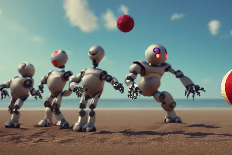 Prompt: Robots holding ball at the beach, sunny day, photorealistic, cinematic framing, 3d render, octane render