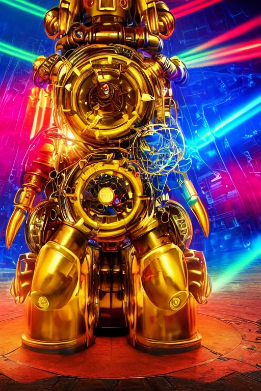 Image similar to portrait photo of a giant huge golden and blue metal futuristic steampunk robot with a red guitar covered with multicolored big gears and tubes, eyes are glowing red lightbulbs, shiny crisp finish, 3 d render, 8 k, insaneley detailed, fluorescent colors, background is multicolored lasershow