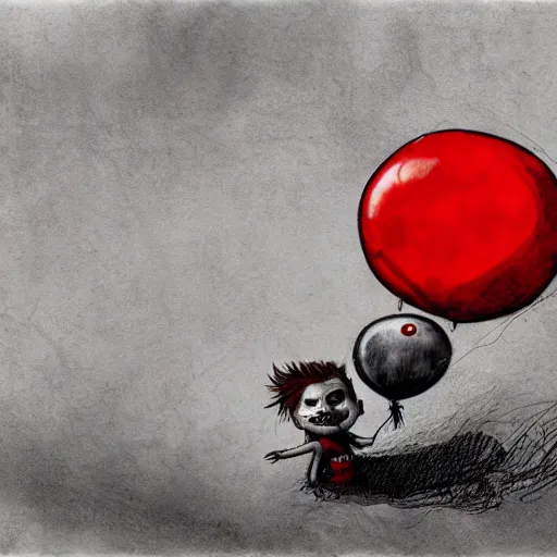 Prompt: surrealism grunge cartoon portrait sketch of a sleeping giant with a wide smile and a red balloon by - michael karcz, loony toons style, pennywise style, chucky style, horror theme, detailed, elegant, intricate