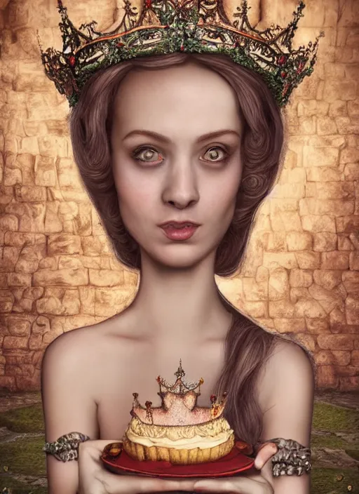 Prompt: cartoon closeup medieval robert crumb face portrait of a fairytale princess wearing a crown eating cakes in the castle, bikini, depth of field, zeiss lens, detailed and intricate environment, fashion photoshoot by nicoletta ceccoli, mark ryden, lostfish, breathtaking, 8 k resolution, extremely detailed, beautiful, establishing shot, artistic, hyperrealistic, octane render