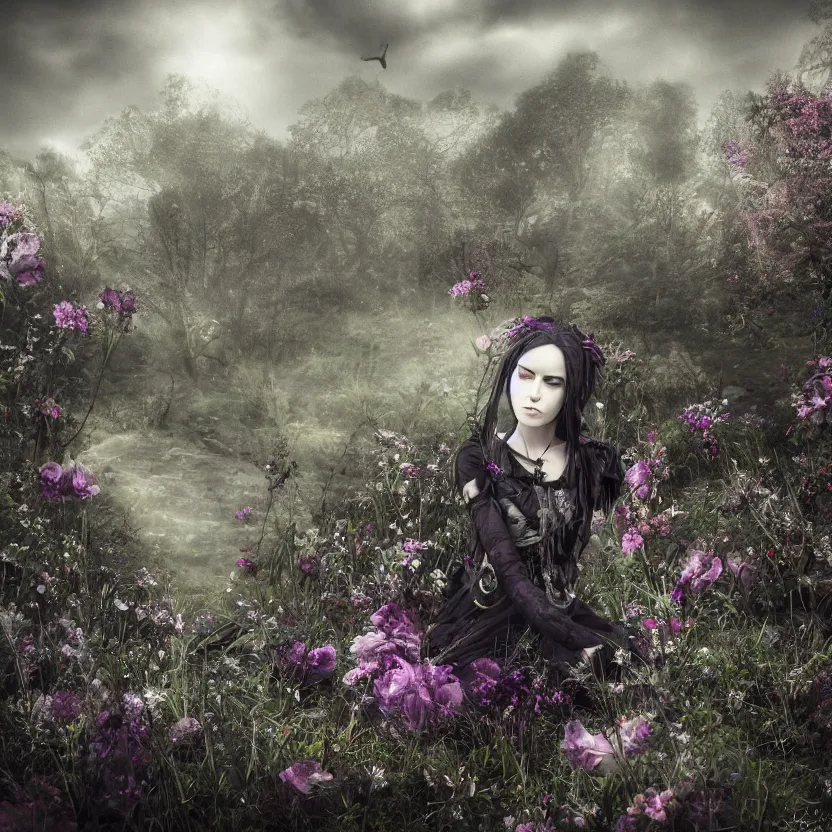 Image similar to tranquil oblivion of A Gothic goddess of floral jewels in an empty land, dark and mysterious, lively atmospheric, cinematic, Epic, 8k, 4k, ultra detail, ultra-realistic, rendered by devinart