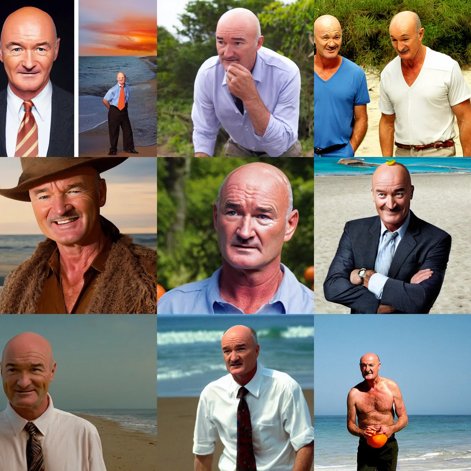 Prompt: terry o'quinn as john locke, orange peel smile, beach, lost