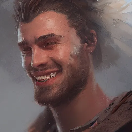 Prompt: a closeup painting of a gigachad noding and making a smile, closed mouth, face by greg rutkowski, trending on artstation