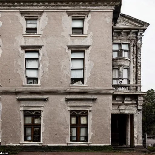 Prompt: façade of an elegant, slightly decaying three-storey 19th-century house with soft, smooth bulbous shapes protruding like wooden lava from the front door and lower windows, surreal, installation art reimagined by industrial light and magic