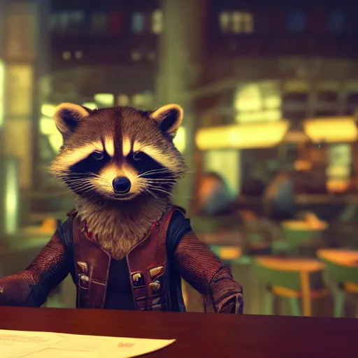 Image similar to rocket raccoon sitting alone at a table in a cafe in a cyberpunk city, close up shot, sharp focus, shallow depth of field, highly detailed face, 8k, unreal engine 5, cinematic lighting, vivid elegant fantasy concept art, character art, stern blue neon atmosphere, artstation, deep complimentary colors, volumetric lighting, photorealistic, hyperdetailed 3D matte painting, hyperrealism, hyperrealistic masterpiece