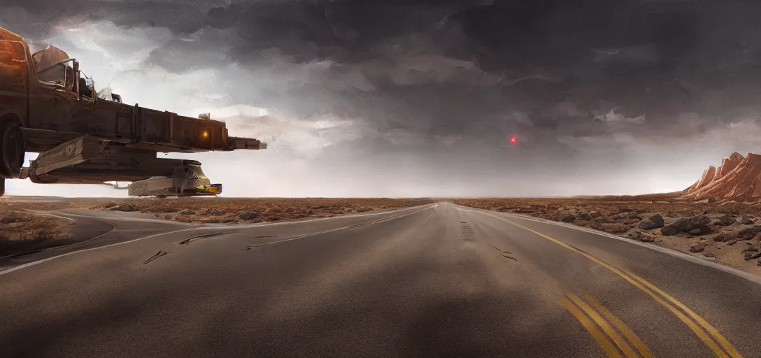 Prompt: a desolate highway in the middle of the nevada desert, establishing shot, opening film shot, video game cinematic, highly detailed, digital painting, concept art, movie poster art, cinematic framing, cinematic lighting, illustration, trending on artstation