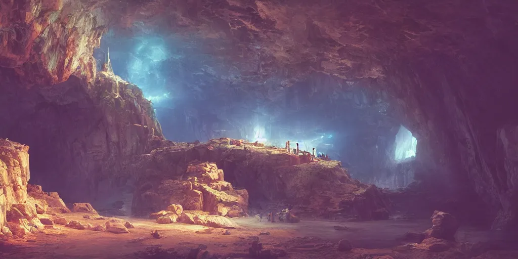 Prompt: discovery of a highly mechnically advanced civilization in a digital cave with minimal lighting in the style of thomas cole, cinematic lighting, raytracing, 8 k, octane render, volumetric, vivid, beautiful, hyperrealism