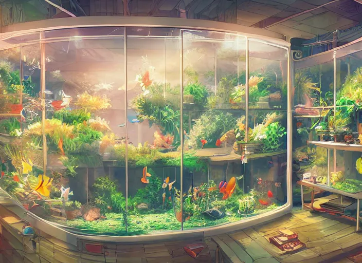 Prompt: wide angle two - point - perspective panoramic anime background clean neat clarity professional visual development set design, tiny cozy store with hanging bird cages and bright fish aquariums, sparse planted terrariums, dim painterly lighting volumetric aquatics, impasto, trending on pixiv