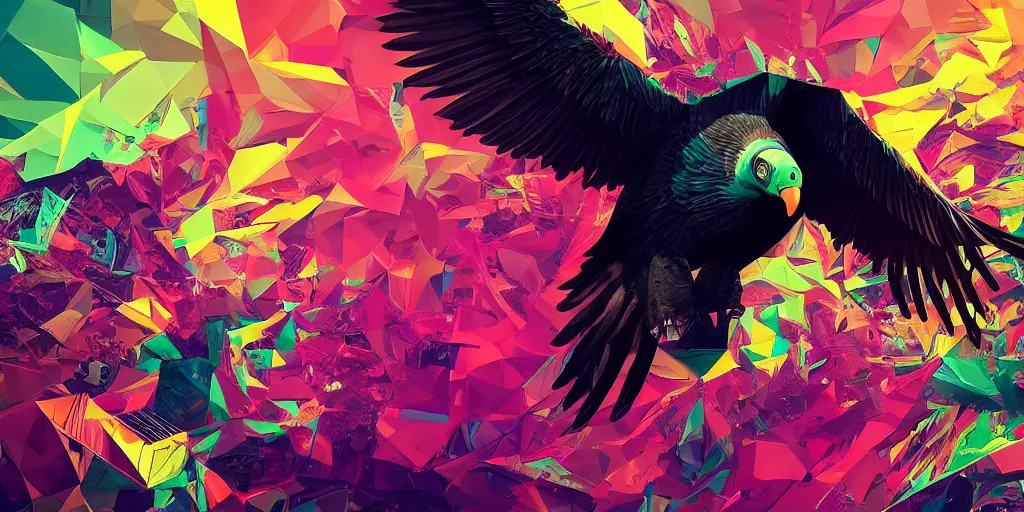 Prompt: dynamic, wideangle pov closeup, conceptart, expressive, vibrant, giant vulture with spread wings, synthwave, madness, glitch art, ferocious, imposing, spectacular, cubism, polygonal, fractured