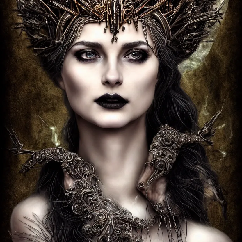 Image similar to mindblowing portrait of the enchantress queen, a stunning timeless beauty, breathtaking eyes, perfect skin, feathered eyelashes, royal gothic dress with a lot of leather, heavy silent hill aesthetic, incredibly intricate, digital art, blender, houdini & photoshop, very elegant & complex, hyper-maximalist, overdetailed, epic cinematic quality, biblical art lighting, photorealistic, lifelike, OLED, DSLR HDR 8k, face is the focus, facial feature symmetry, hyper composed, created by Nixeu & z--ed from deviantart