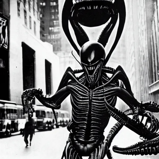 Image similar to old black and white photo, 1 9 1 3, depicting a xenomorph from the movie aliens rampaging through the bustling streets of new york city, historical record