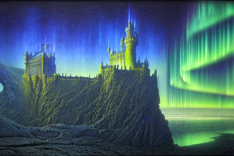 Prompt: highly detailed photoreal eldritch biomechanical castle on a cliff, aurora borealis, psychedelic by alan lee, john howe. ted naismith