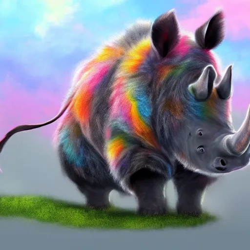 Prompt: cute fluffy rhinocerous with long flowing colorful fur character concept detailed painting 4 k