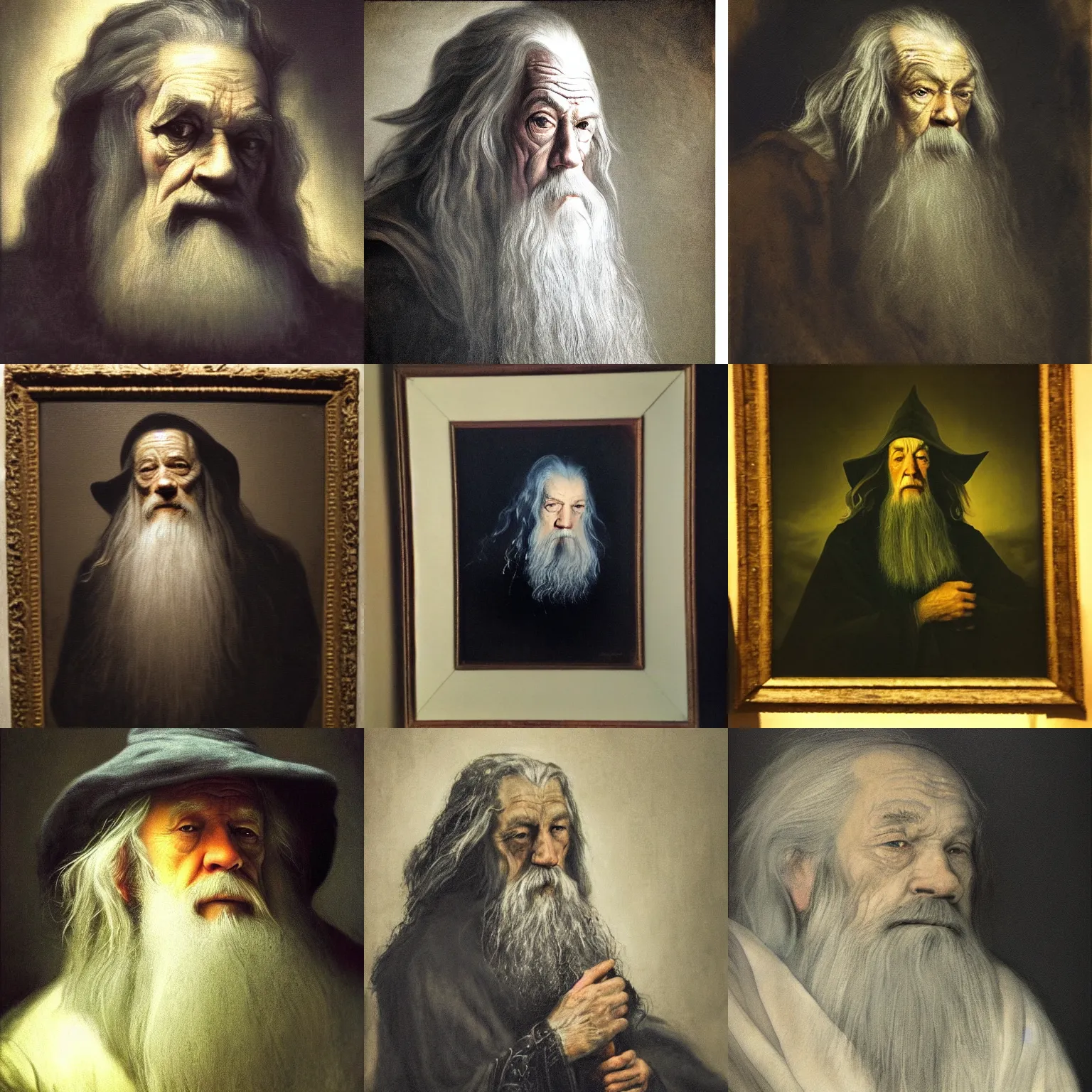 Prompt: portrait of * * gandalf, the gray * * ( melancholic, thoughtful ), * * low key lighting * *, dark bacgkground, oil canvas by rembrandt