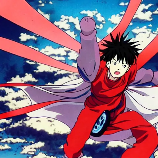 Image similar to an anime image in the style of akira, with a character leaping through the air, striking at a huge bat robot.