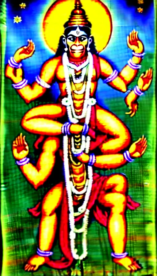 Prompt: hanuman gets together with the gods of the vedic culture of india against the background of the universe