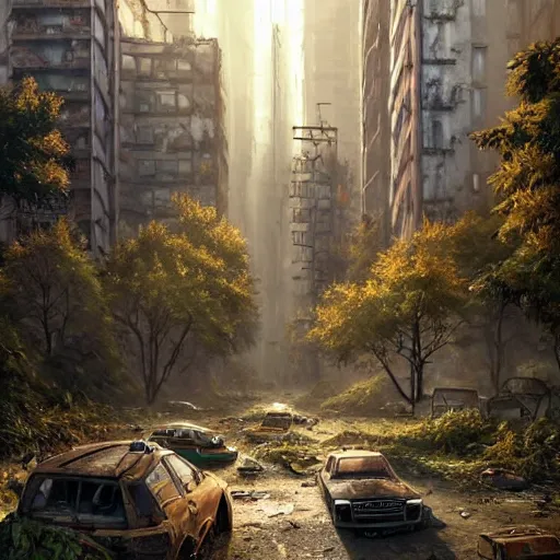 Prompt: postapocalyptic city of munic!!!, wild forest!!! vegetation!!!, small rubble!!, rusty bmw cars!!, hyperrealistic, highly detailed, cinematic, sunny light, beautiful, cgssociety, artstation, 8 k, oil painting by greg rutkowski, by artgerm, by wlop