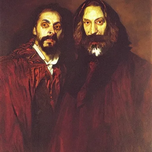 Prompt: portrait of faust and mephistopheles, jan matejko, ilya repin, oil on canvas, 1 8 9 0