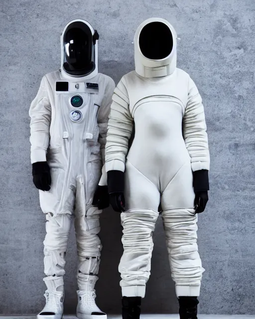 Image similar to Yeezy designed space suit, model, studio photography, clothing drop, unreleased, Yzy, YZY GAP, Balenciaga, minimalist, dystopian feel