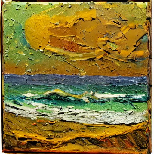 Prompt: oil paint impasto relief, very rough sea, multi layered thick brush marks, some splattered paint, in the style of ivan shishkin and frank auerbach and van gogh