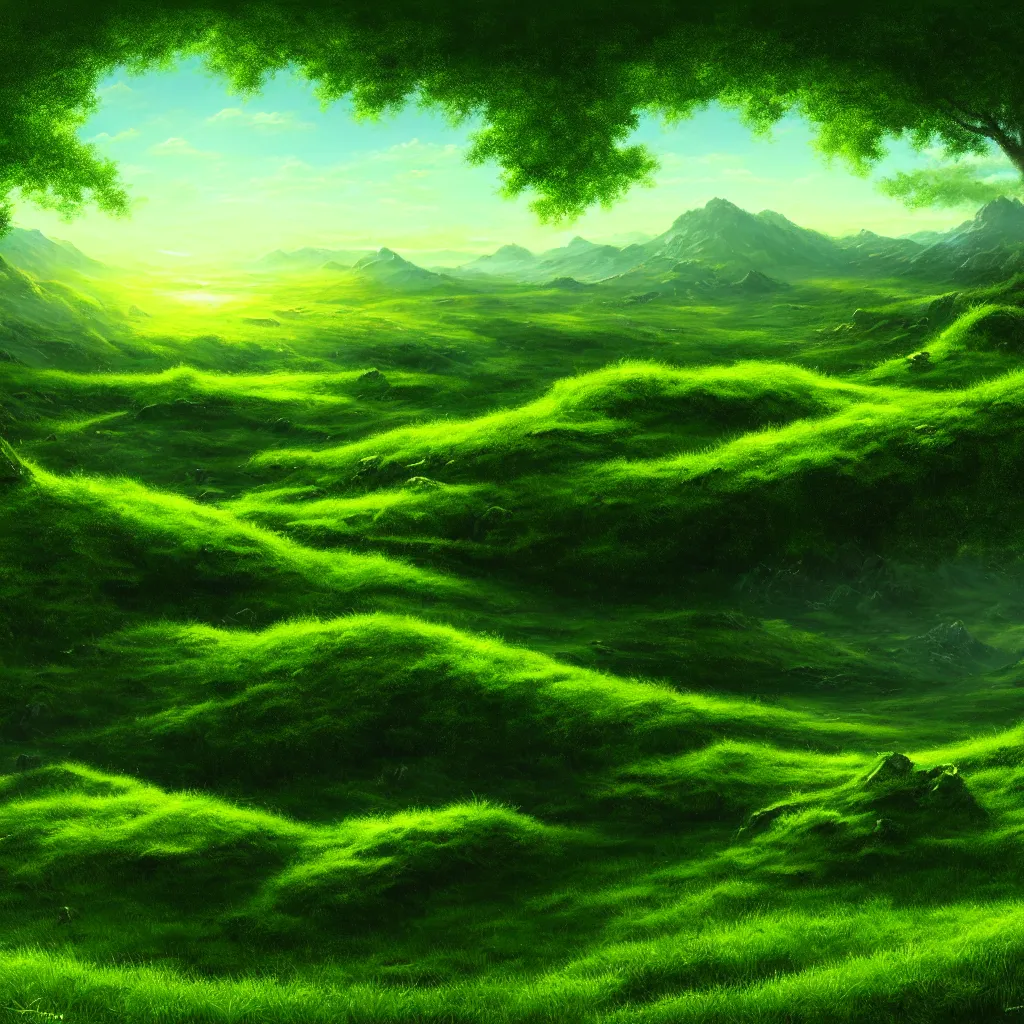Image similar to highly detailed wide angle profesional photo of green colored landscape, art by greg rutsowski, concept art, 8 k detail post - processing