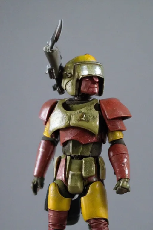 Image similar to 1 9 8 6 kenner action figure, 5 points of articulation, sci fi, high detail, helmet with visor, warhammer 4 0 0 0