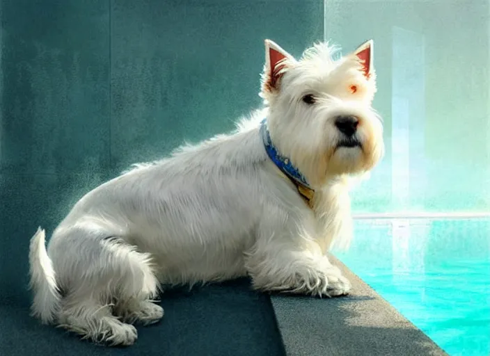 Image similar to west highland white terrier sitting by a pool, bright, reflections, intricate, sharp focus, lens flare, bloom, illustration, highly detailed, digital painting, concept art, matte, art by ruan jia and wlop and greg rutkowski, masterpiece